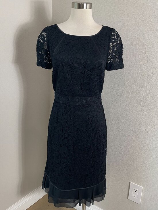 Tory Burch Womens 8 Bovary Lace Black Sheath Dress Ruffle Hem Short Sleeve - Picture 2 of 12